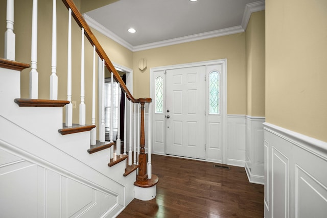 1369 Saddle Club Way, Lexington, KY 40504 - foyer entrance with stairs, ornamental molding, wainscoting, dark wood-style floors, and recessed lighting