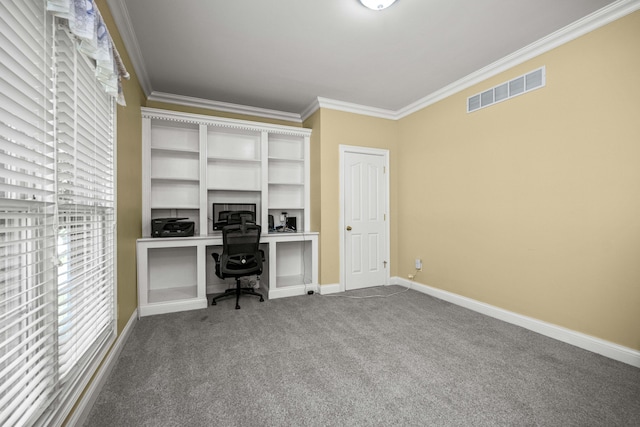 1369 Saddle Club Way, Lexington, KY 40504 - office featuring crown molding, carpet flooring, baseboards, and built in desk