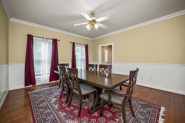1369 Saddle Club Way, Lexington, KY 40504 - dining area featuring wainscoting, crown molding, dark wood-style flooring, and a ceiling fan
