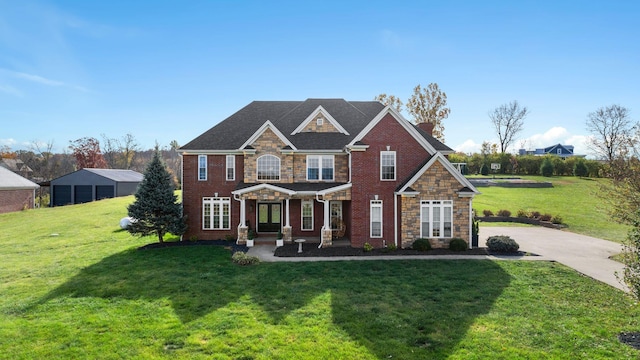 1022 Forest Hill Dr, Lawrenceburg, KY 40342 - craftsman inspired home with a front yard, a chimney, and stone siding