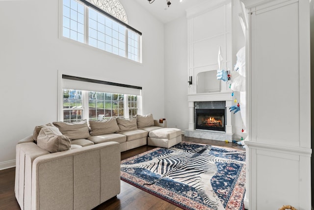 1022 Forest Hill Dr, Lawrenceburg, KY 40342 - living room with dark wood finished floors, a high ceiling, and a premium fireplace