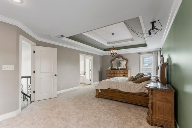 1022 Forest Hill Dr, Lawrenceburg, KY 40342 - bedroom featuring a tray ceiling, light carpet, ornamental molding, and ensuite bathroom