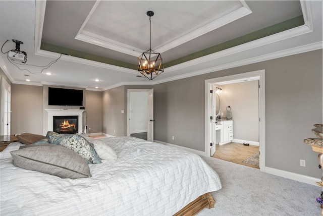 1022 Forest Hill Dr, Lawrenceburg, KY 40342 - bedroom with a raised ceiling, ornamental molding, recessed lighting, a chandelier, and carpet