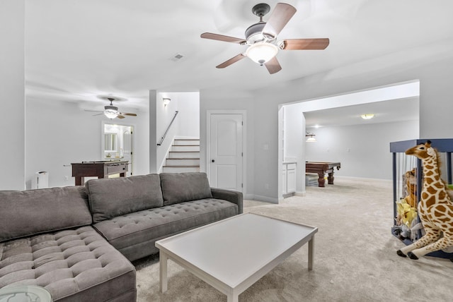 1022 Forest Hill Dr, Lawrenceburg, KY 40342 - living area with billiards, a ceiling fan, stairs, light carpet, and radiator heating unit