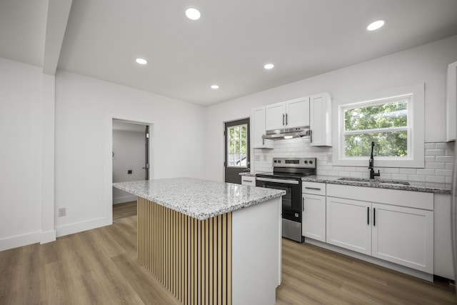 460 Spring St, Mt Sterling, KY 40353 - kitchen with stainless steel electric stove, under cabinet range hood, decorative backsplash, wood finished floors, and recessed lighting