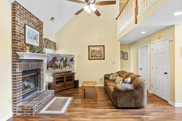 102 Dickinson Ct, Georgetown, KY 40324 - living area featuring high vaulted ceiling, wood finished floors, ceiling fan, a fireplace, and recessed lighting