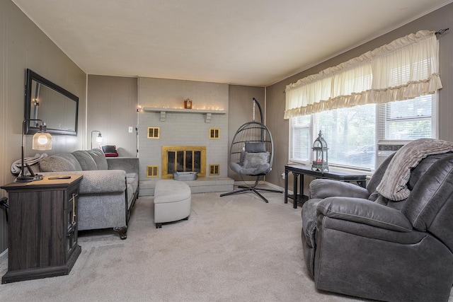 1390 Ky Highway 698, Stanford, KY 40484 - living room featuring light colored carpet, a brick fireplace, and cooling unit