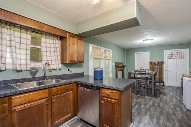 1390 Ky Highway 698, Stanford, KY 40484 - kitchen featuring dishwasher, dark wood-type flooring, a peninsula, brown cabinets, and a textured ceiling