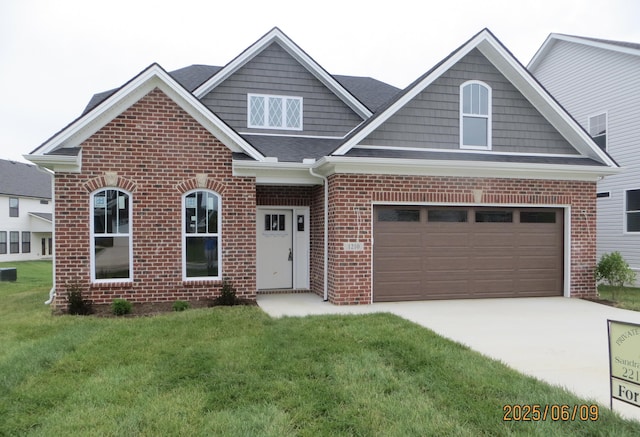 1210 Twilight Shadow Dr, Lexington, KY 40509 - view of front of property featuring brick siding, driveway, a front yard, a garage, and cooling unit