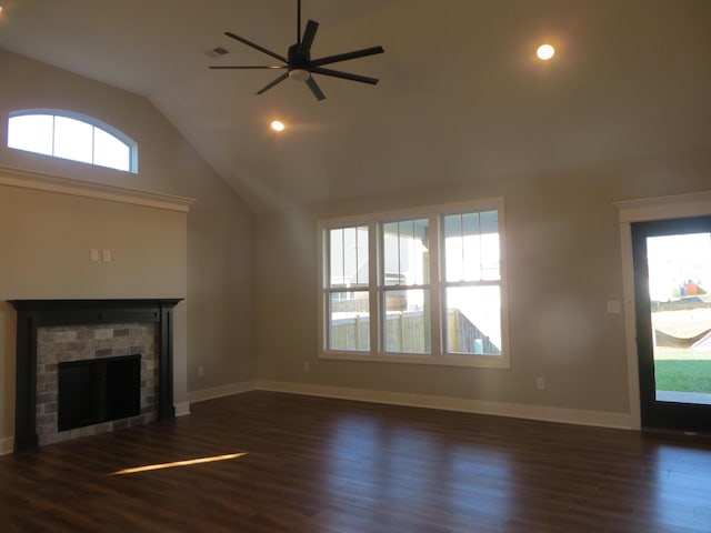 1210 Twilight Shadow Dr, Lexington, KY 40509 - unfurnished living room featuring a brick fireplace, vaulted ceiling, dark wood finished floors, a ceiling fan, and recessed lighting