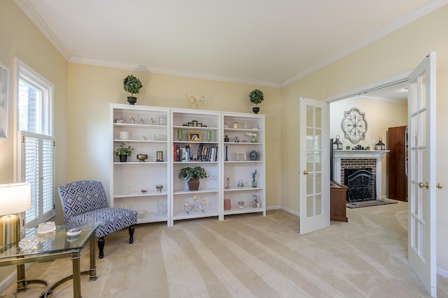 768 Emmett Creek Ln, Lexington, KY 40515 - living area with crown molding, light carpet, french doors, and a fireplace