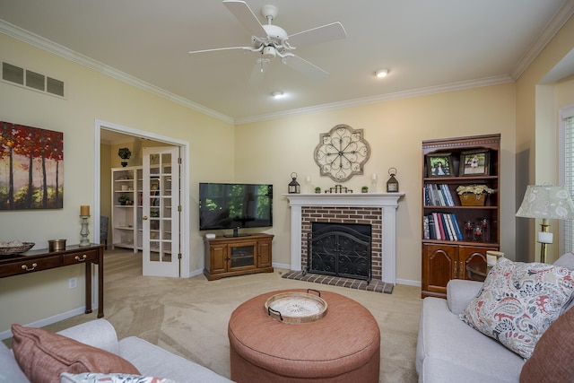 768 Emmett Creek Ln, Lexington, KY 40515 - carpeted living area with crown molding, ceiling fan, and a brick fireplace