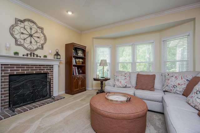 768 Emmett Creek Ln, Lexington, KY 40515 - living area with ornamental molding, carpet floors, and a brick fireplace