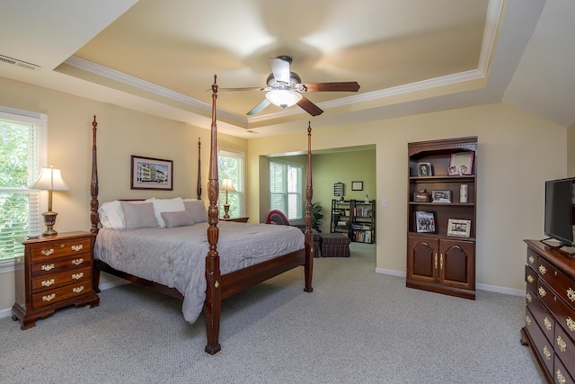 768 Emmett Creek Ln, Lexington, KY 40515 - bedroom with a tray ceiling, light carpet, crown molding, and a ceiling fan