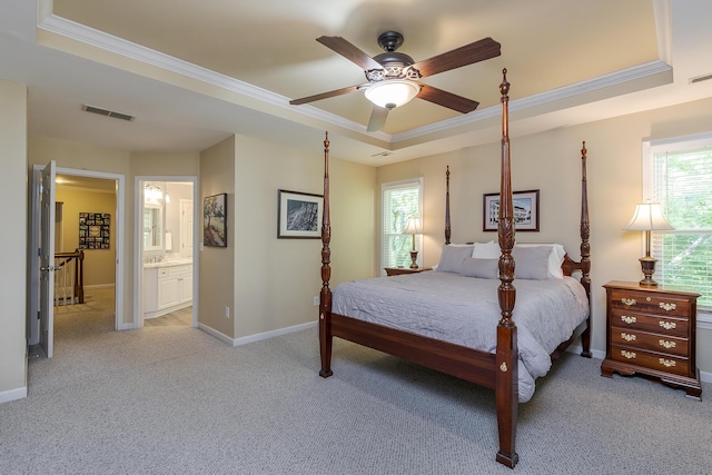 768 Emmett Creek Ln, Lexington, KY 40515 - bedroom featuring a raised ceiling, crown molding, light colored carpet, ensuite bath, and a ceiling fan