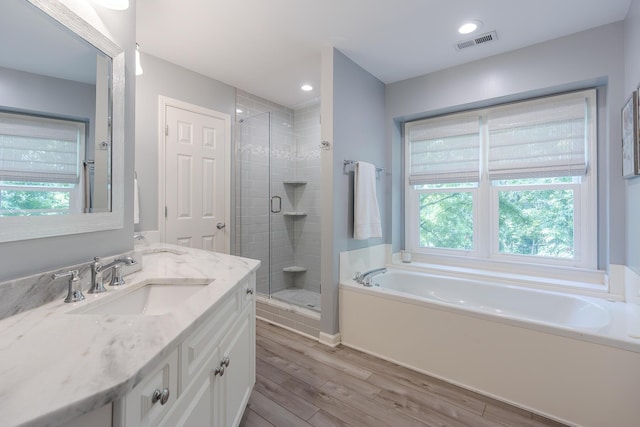 768 Emmett Creek Ln, Lexington, KY 40515 - full bathroom featuring vanity, a garden tub, a shower stall, and wood finished floors