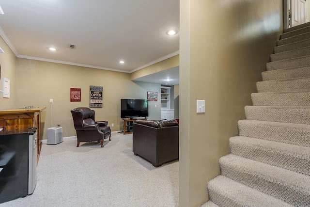 768 Emmett Creek Ln, Lexington, KY 40515 - living area with ornamental molding, light carpet, stairway, and recessed lighting