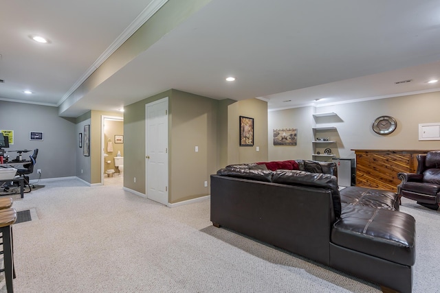 768 Emmett Creek Ln, Lexington, KY 40515 - living room with crown molding, light carpet, a desk, and recessed lighting