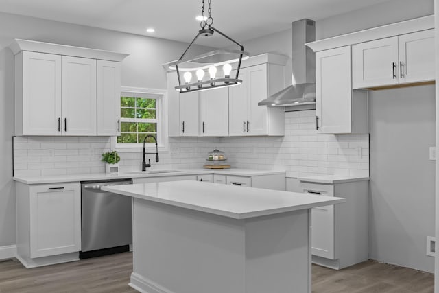437 Boones Creek Rd, Lancaster, KY 40444 - kitchen with dishwasher, wall chimney range hood, a sink, light wood-type flooring, and recessed lighting