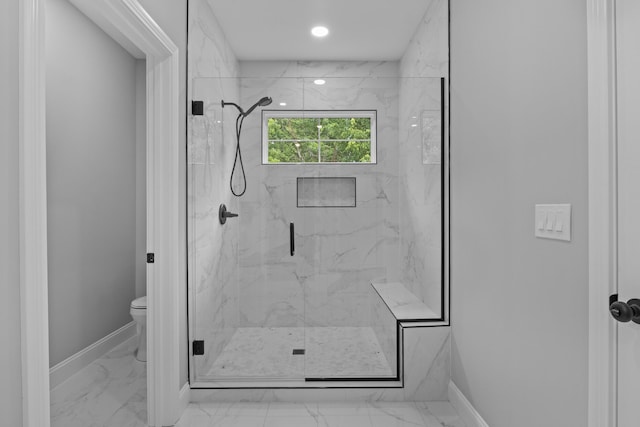 437 Boones Creek Rd, Lancaster, KY 40444 - bathroom with marble finish flooring, toilet, a marble finish shower, baseboards, and recessed lighting