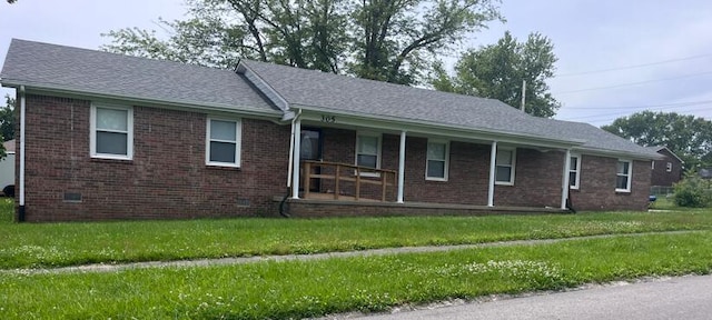 305 E Edgewood Dr, Nicholasville, KY 40356 - ranch-style house with a porch, brick siding, a front yard, and roof with shingles