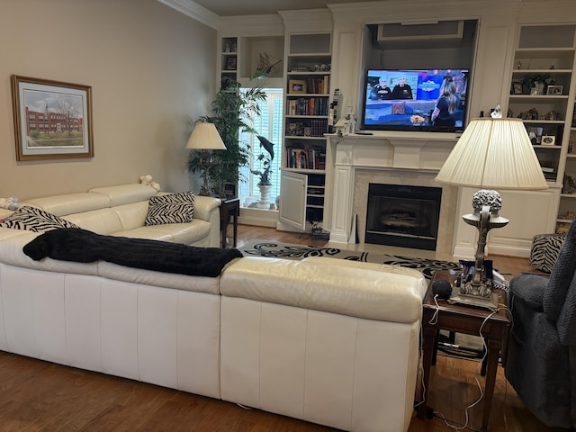 260 Beech Fork Blvd, Clay City, KY 40312 - living area with wood finished floors, built in shelves, ornamental molding, and a high end fireplace