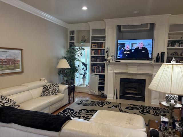 260 Beech Fork Blvd, Clay City, KY 40312 - living area with built in features, wood finished floors, ornamental molding, a fireplace, and recessed lighting