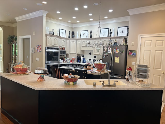 260 Beech Fork Blvd, Clay City, KY 40312 - kitchen featuring appliances with stainless steel finishes, a center island, crown molding, tasteful backsplash, and recessed lighting
