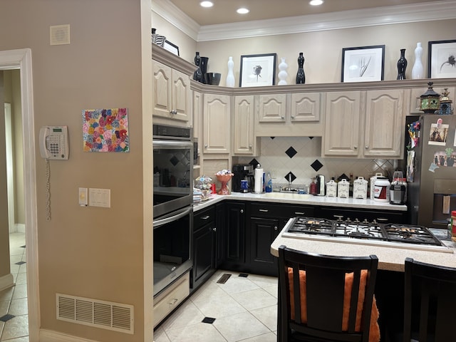 260 Beech Fork Blvd, Clay City, KY 40312 - kitchen with stainless steel appliances, light tile patterned floors, crown molding, backsplash, and light countertops