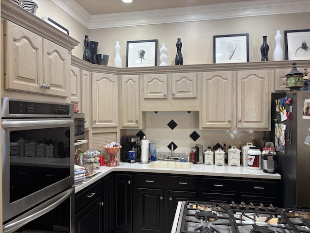 260 Beech Fork Blvd, Clay City, KY 40312 - kitchen featuring appliances with stainless steel finishes, dark cabinetry, light countertops, tasteful backsplash, and ornamental molding