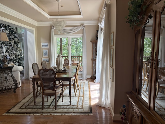260 Beech Fork Blvd, Clay City, KY 40312 - dining room with a chandelier, a raised ceiling, dark wood finished floors, and ornamental molding