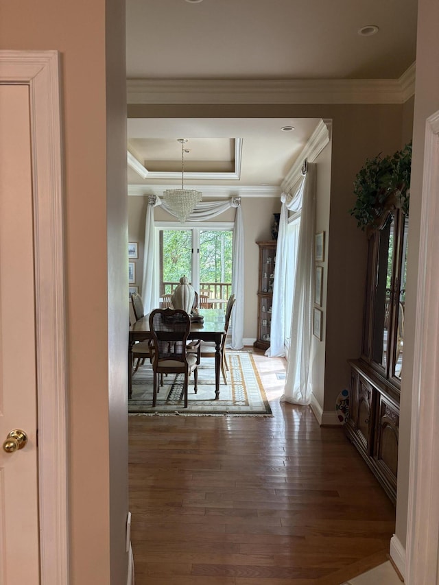 260 Beech Fork Blvd, Clay City, KY 40312 - dining space featuring a raised ceiling, hardwood / wood-style flooring, crown molding, and a chandelier