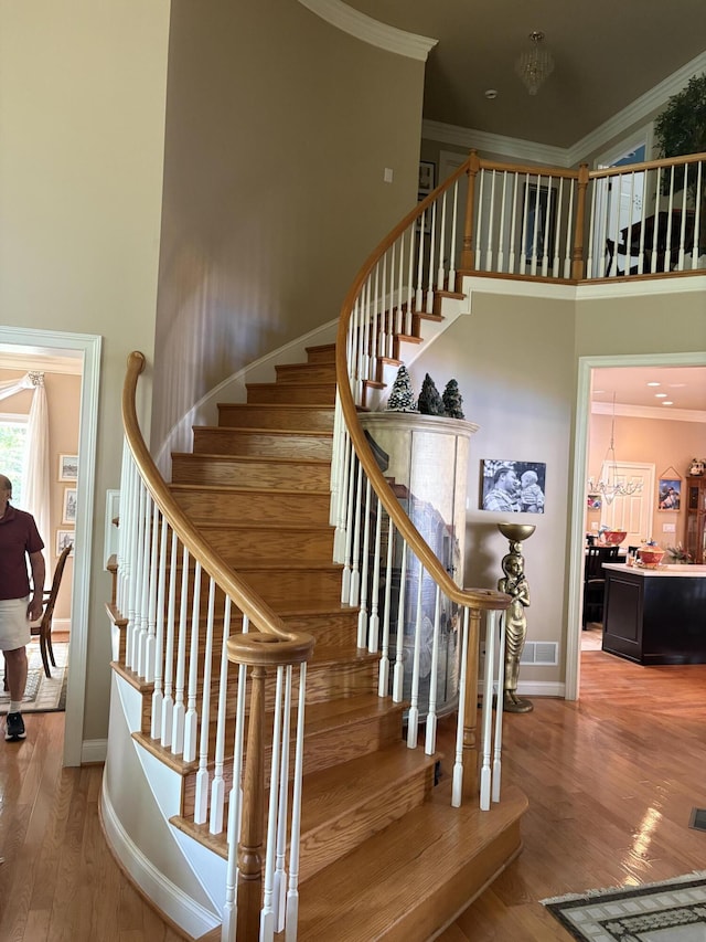 260 Beech Fork Blvd, Clay City, KY 40312 - stairway featuring ornamental molding, wood finished floors, and a high ceiling