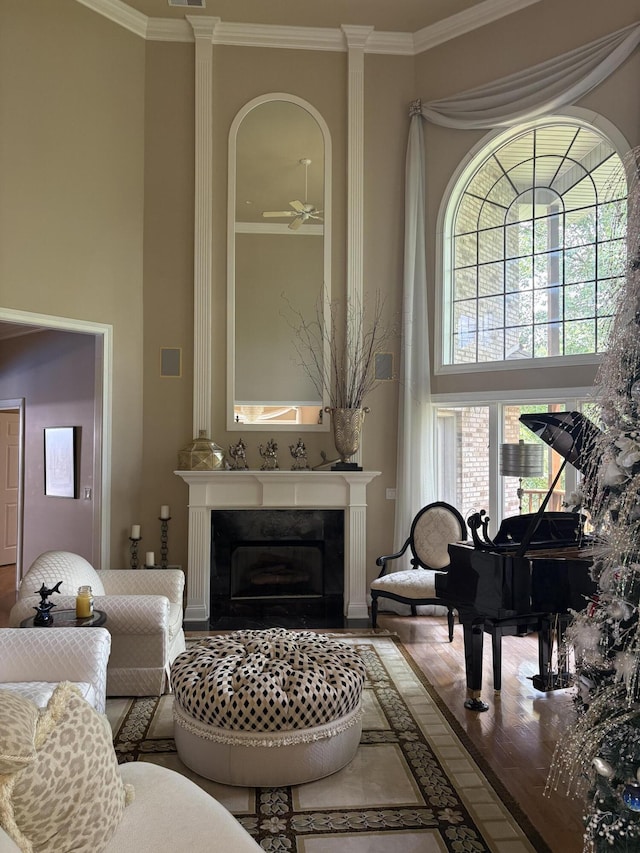 260 Beech Fork Blvd, Clay City, KY 40312 - living room with a towering ceiling, crown molding, a ceiling fan, and a fireplace