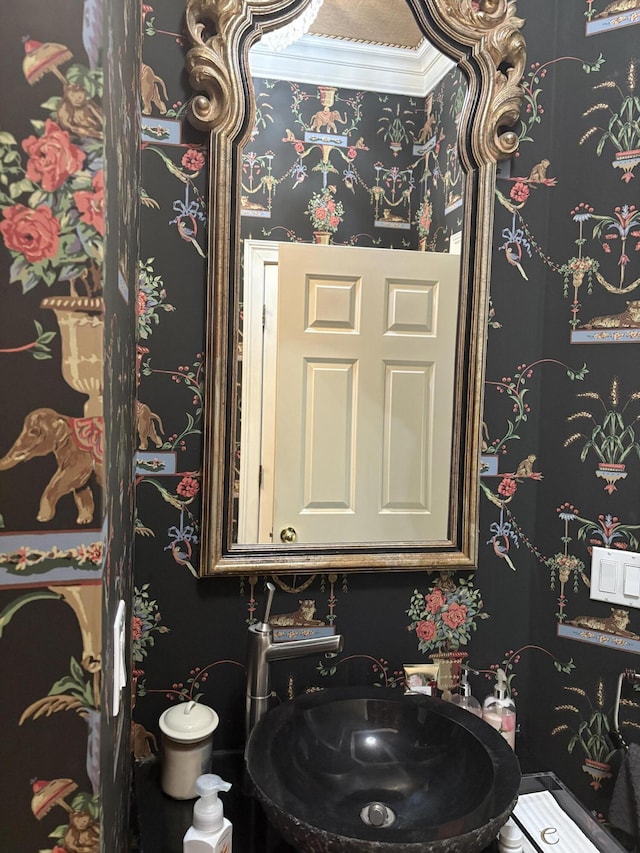 260 Beech Fork Blvd, Clay City, KY 40312 - half bathroom featuring wallpapered walls and ornamental molding