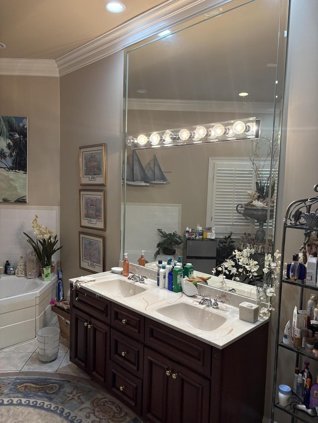 260 Beech Fork Blvd, Clay City, KY 40312 - full bath featuring double vanity, ornamental molding, a bath, and tile patterned flooring