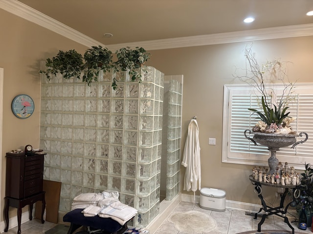 260 Beech Fork Blvd, Clay City, KY 40312 - bathroom with crown molding, a walk in shower, and tile patterned flooring