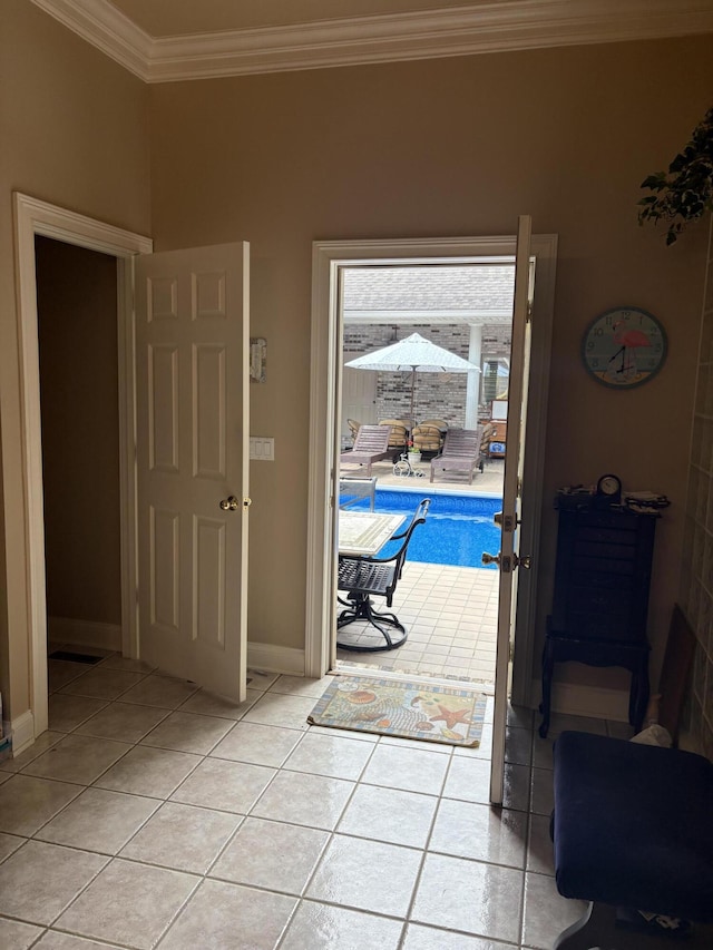 260 Beech Fork Blvd, Clay City, KY 40312 - doorway to outside featuring light tile patterned floors and crown molding