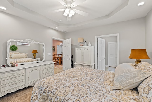 111 Acorn Path, Georgetown, KY 40324 - bedroom featuring recessed lighting, light colored carpet, a raised ceiling, and a ceiling fan