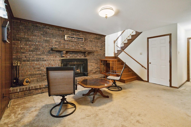 3852 Heimbaugh Ln, Lexington, KY 40514 - living area featuring carpet flooring, stairs, and a fireplace