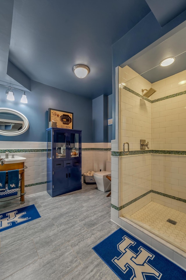 315 Whispering Brook Dr, Nicholasville, KY 40356 - full bath featuring tile walls, a wainscoted wall, a stall shower, a bidet, and vanity