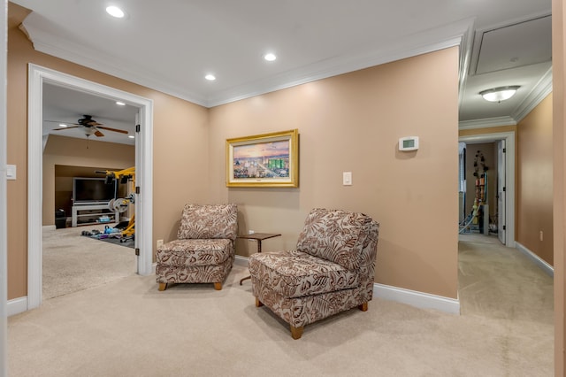 315 Whispering Brook Dr, Nicholasville, KY 40356 - sitting room with carpet floors, recessed lighting, ornamental molding, and a ceiling fan