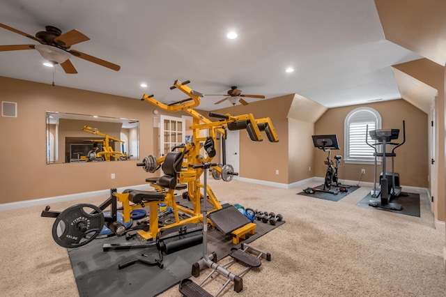315 Whispering Brook Dr, Nicholasville, KY 40356 - exercise room with a ceiling fan, vaulted ceiling, recessed lighting, and carpet floors