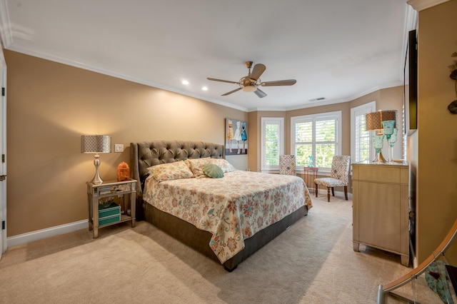 315 Whispering Brook Dr, Nicholasville, KY 40356 - bedroom featuring light carpet, recessed lighting, ornamental molding, and a ceiling fan