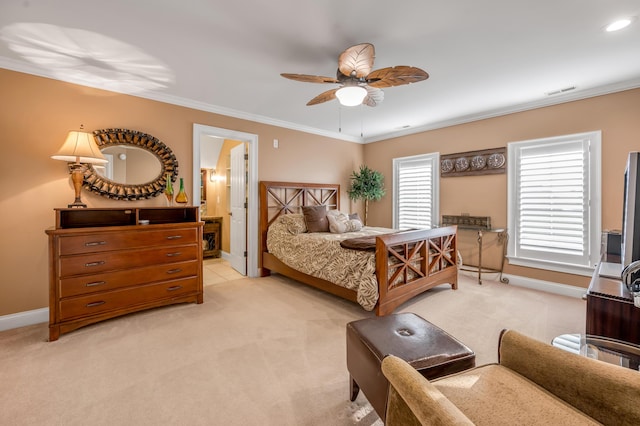 315 Whispering Brook Dr, Nicholasville, KY 40356 - bedroom featuring light carpet, ornamental molding, ensuite bath, and a ceiling fan