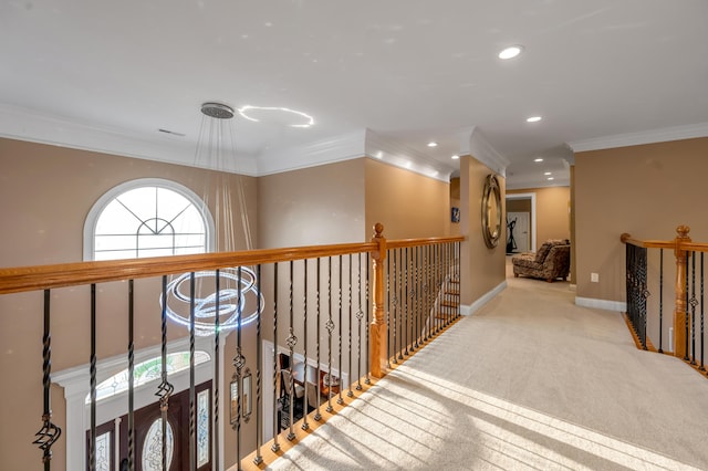 315 Whispering Brook Dr, Nicholasville, KY 40356 - corridor featuring ornamental molding, carpet, recessed lighting, and an upstairs landing