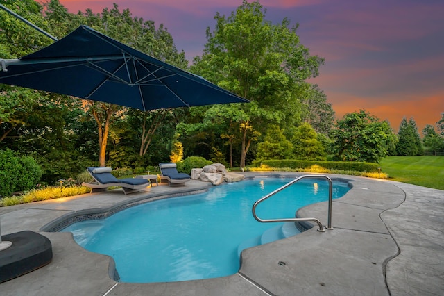 315 Whispering Brook Dr, Nicholasville, KY 40356 - pool at dusk with a patio area, an outdoor pool, and view of wooded area