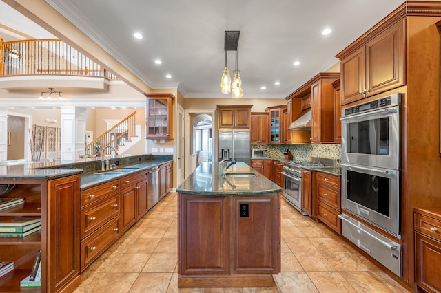 315 Whispering Brook Dr, Nicholasville, KY 40356 - kitchen featuring appliances with stainless steel finishes, a warming drawer, ornamental molding, extractor fan, and brown cabinetry