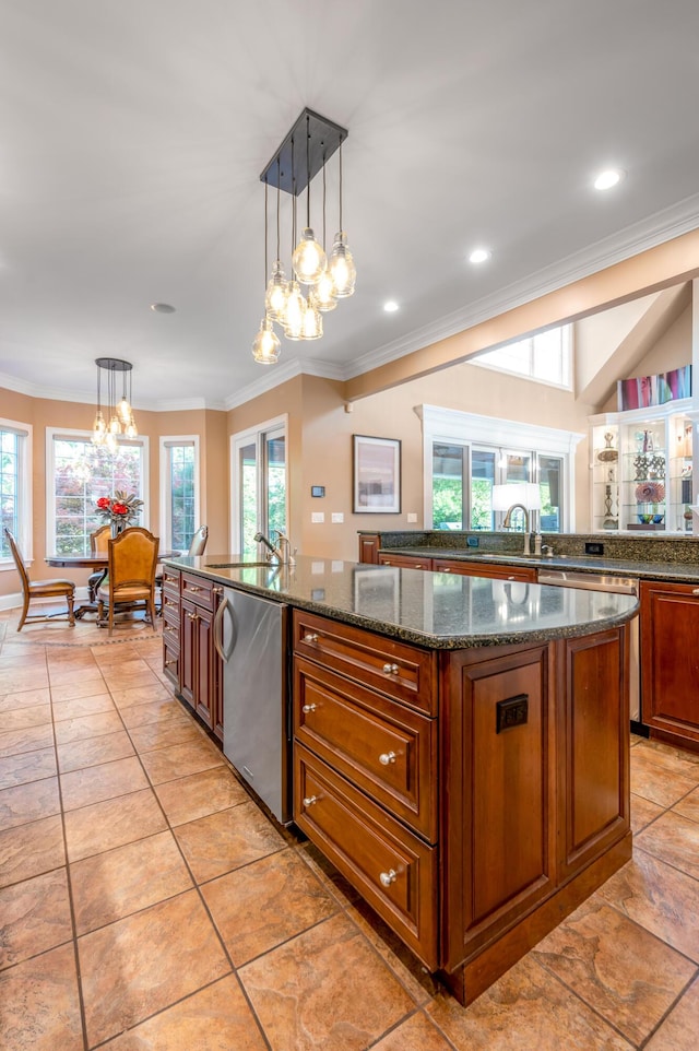 315 Whispering Brook Dr, Nicholasville, KY 40356 - kitchen featuring a spacious island, dishwasher, a chandelier, ornamental molding, and brown cabinetry