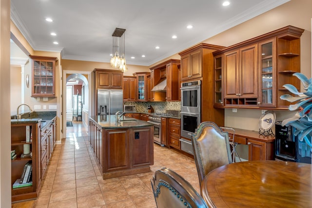 315 Whispering Brook Dr, Nicholasville, KY 40356 - kitchen with appliances with stainless steel finishes, arched walkways, brown cabinets, dark stone counters, and open shelves